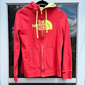 The North Face Coral Pink Hoodie with Yellow Details